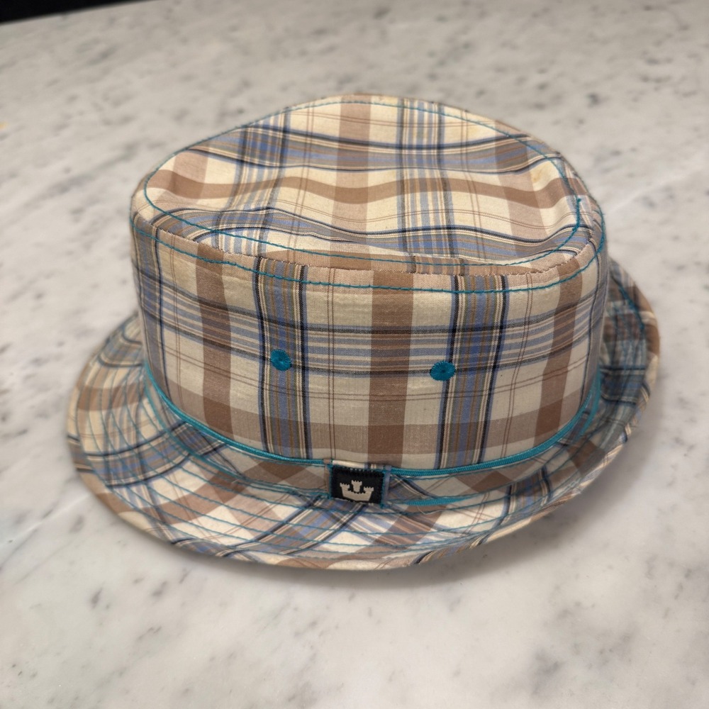 Goorin Bros Mens XL Plaid Bucket Hat Brown Blue Tan Stingy Brim Fedora Style